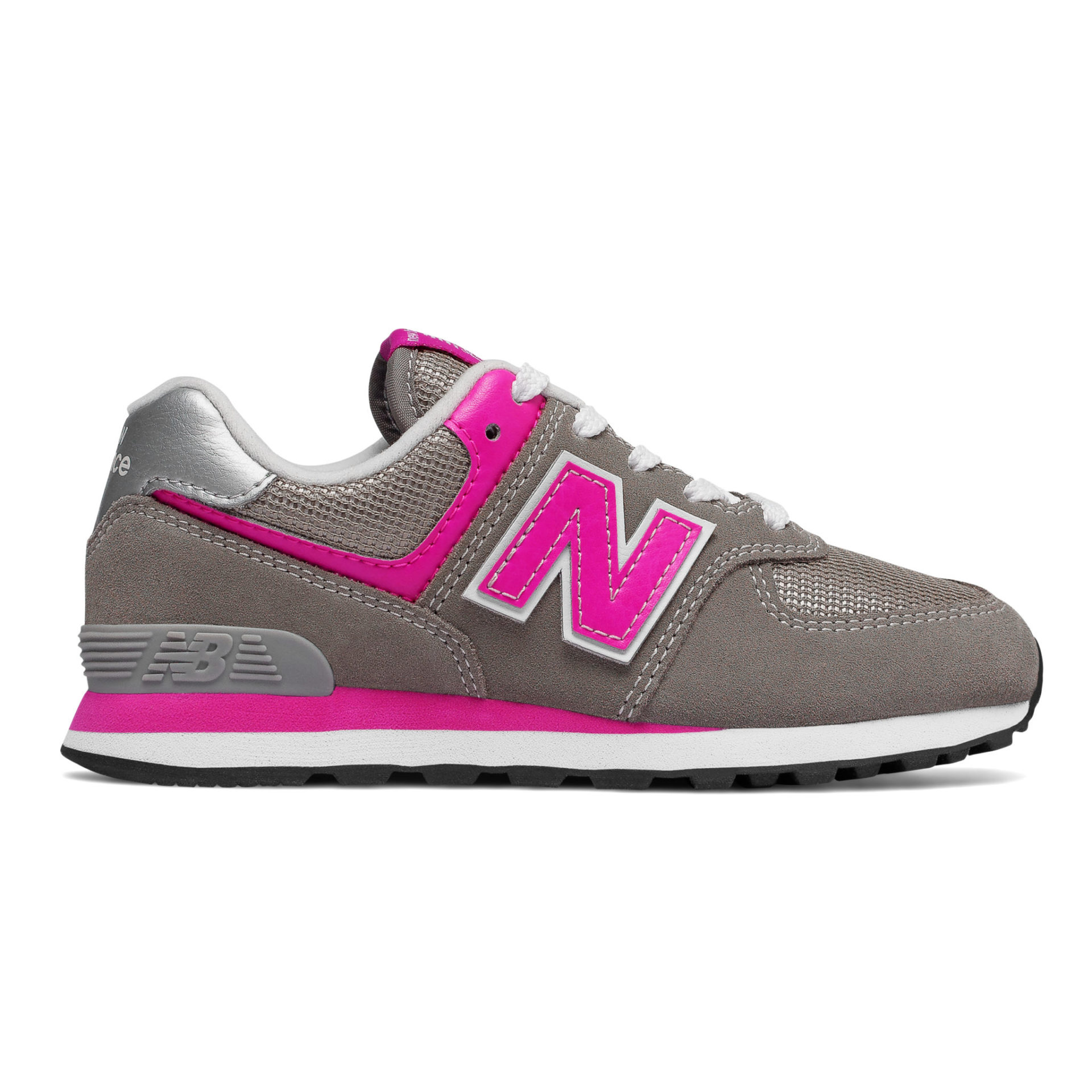 New Balance 574 Pink/Grey Kid Tie | Laurie's Shoes