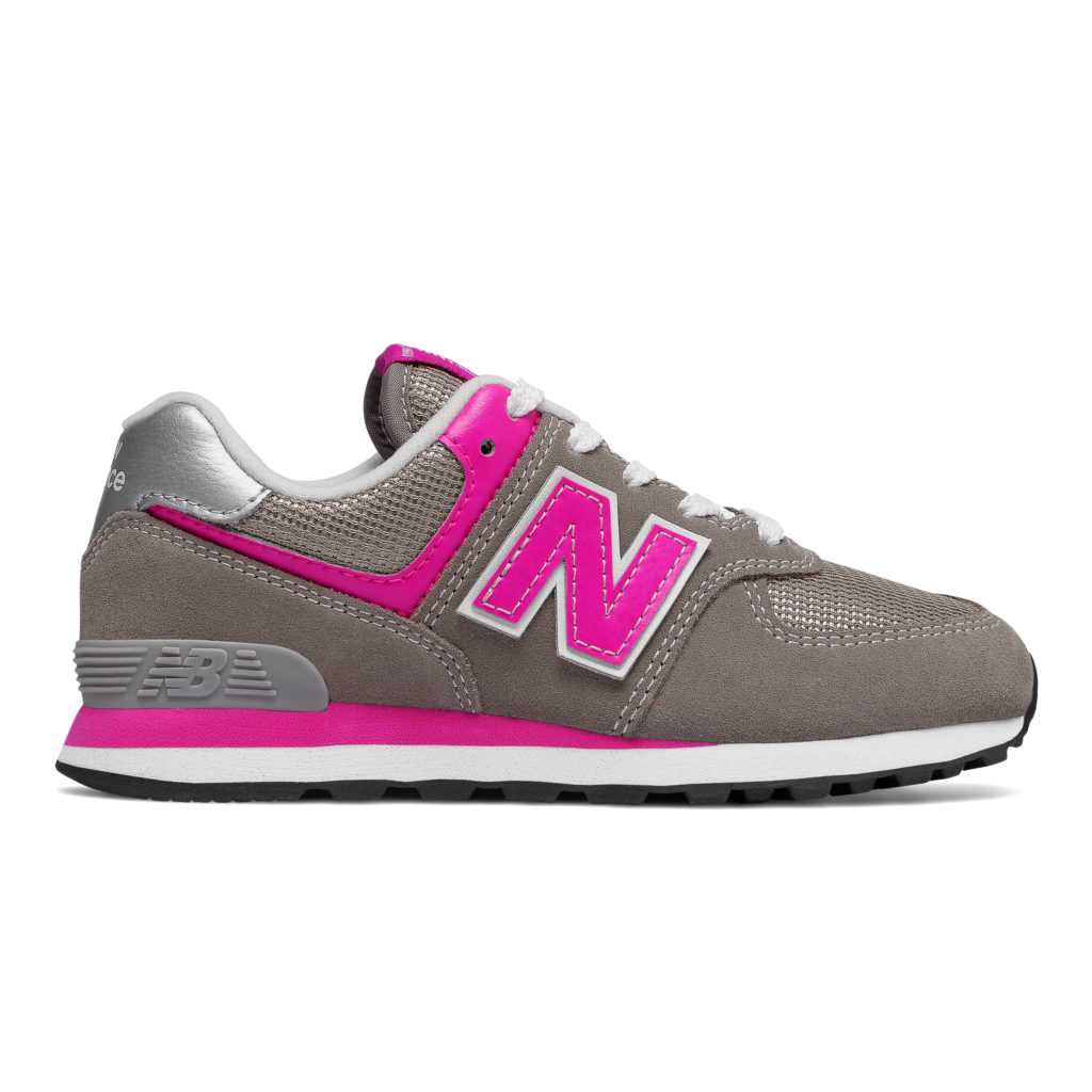 New Balance 574 Pink/Grey Youth Tie | Laurie's Shoes