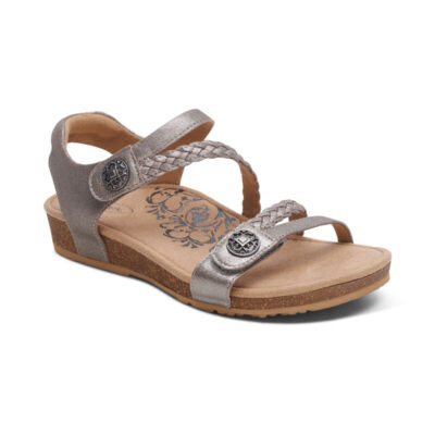 Aetrex Women's Jillian Braided Quarter Strap Sandal in brushed silver, featuring braided detailing and adjustable straps for a secure, stylish fit.