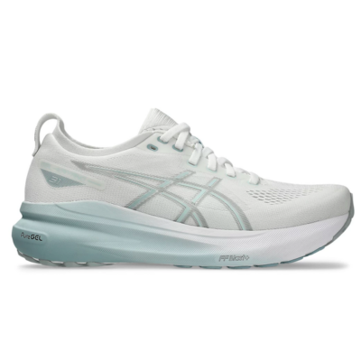 Asics Women's GEL-Kayano 31 running shoes in white with advanced stability, GEL™ cushioning, and FF BLAST™ PLUS foam for smooth and supportive performance.