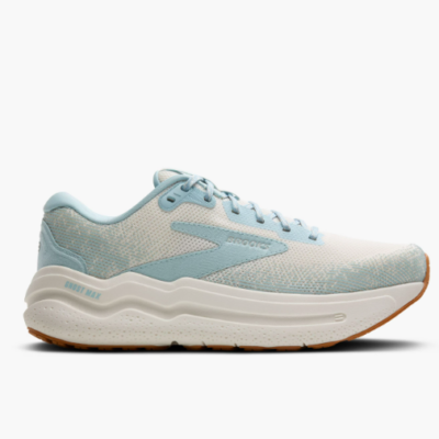 Brooks Women's Ghost Max 2 Coconut Milk/Winter Sky, featuring a lightweight design, breathable engineered mesh upper, and durable rubber outsole for smooth transitions and enhanced comfort.