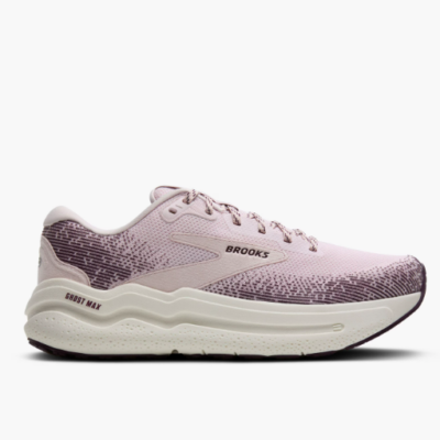 Brooks Women's Ghost Max 2 Orchid Ice/Plum/Coconut, featuring a lightweight design, breathable engineered mesh upper, and durable rubber outsole for smooth transitions and enhanced comfort.