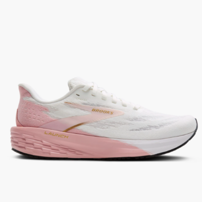 Brooks Women's Launch 11 White/Gold/Pink, featuring lightweight design, breathable mesh upper, and responsive cushioning for speed workouts and daily training.