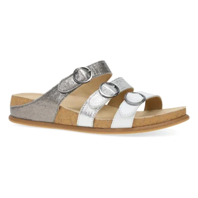 Dansko Women's Campbell Sandal in pewter multi leather, featuring an adjustable ankle strap, cushioned EVA footbed, and 2.5-inch heel for comfort and style.