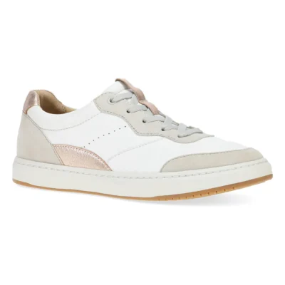 Dansko Women's Josey Sneaker in white leather with rose gold accents, featuring a supportive EVA footbed, lace-up design, and rubber outsole for all-day comfort.