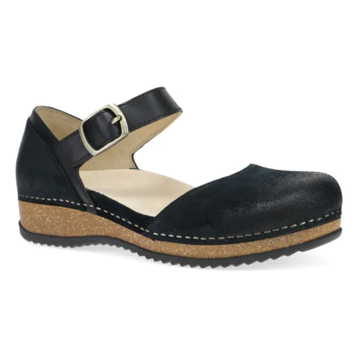 Dansko Women's Mae Mary Jane in black burnished suede, featuring an adjustable strap, memory foam cushioning, and lightweight EVA outsole for comfort and style.