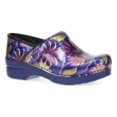 Dansko Women's Professional Clog in indigo floral patent leather with a slip-resistant sole and padded instep collar for all-day comfort.