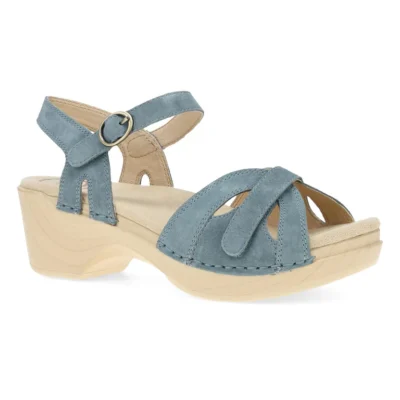 Dansko Women's Season Sandal in denim suede, featuring adjustable straps, a cushioned footbed, and a durable rubber sole for comfort and elegance.