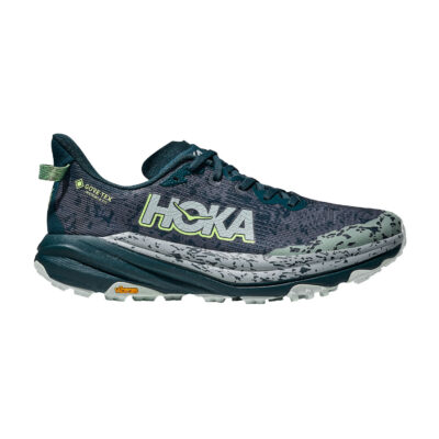 Hoka Men's Speedgoat 6 GTX trail running shoe with Gore-Tex waterproof membrane, Vibram® Megagrip outsole, and cushioned midsole for superior trail performance.