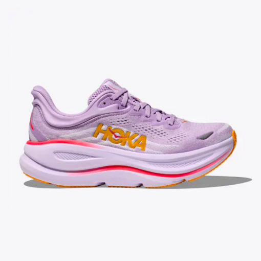 Hoka Women's Bondi 9 running shoe featuring a lightweight breathable mesh upper, EVA midsole, and durable rubber outsole for all-day comfort and support.