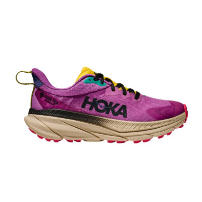 Hoka Women's Challenger 7 GTX trail running shoe with waterproof Gore-Tex, cushioned midsole, and all-terrain outsole for versatile performance in any weather.