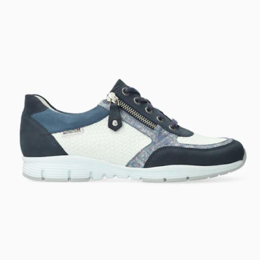 Mephisto Women's Ylona Sneaker in jeans blue, featuring premium leather and textiles, SOFT-AIR technology, and a durable rubber outsole for superior comfort.