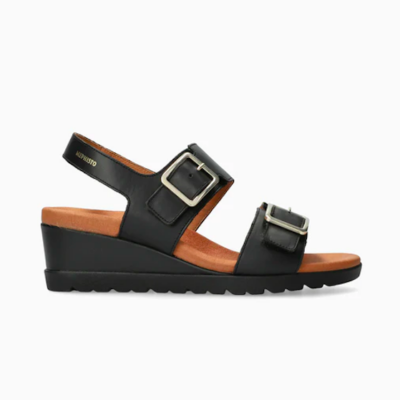 Mephisto Women's Ysabel Wedge Sandal in black, featuring premium leather straps, SOFT-AIR technology, and a lightweight wedge for style and comfort.