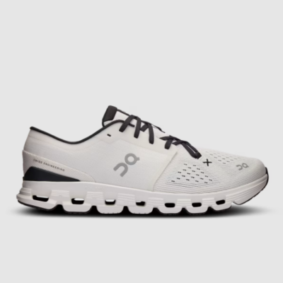 On Men's Cloud X 4 shoe in Ivory/Black, featuring CloudTec® cushioning, Helion™ superfoam, and a breathable, sustainable mesh upper.