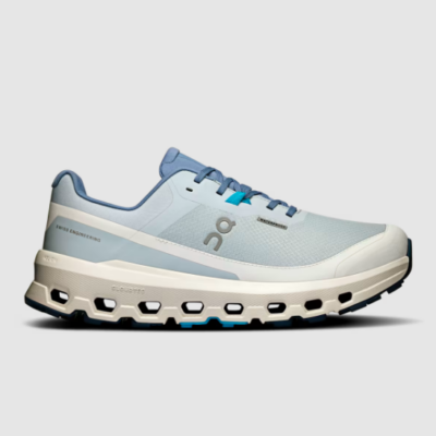 On Women's Cloudvista 2 Waterproof shoe in Arctic/Ivory, featuring CloudTec® cushioning, waterproof upper, and Missiongrip™ outsole for trail performance.