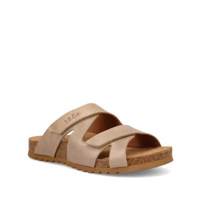 Taos Women's Casita Sandal featuring premium leather upper, adjustable hook-and-loop straps, contoured cork-latex footbed, and lightweight rubber outsole.