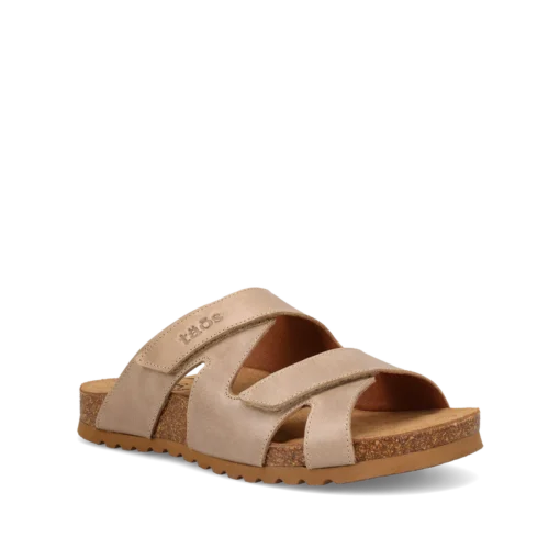 Taos Women's Casita Sandal featuring premium leather upper, adjustable hook-and-loop straps, contoured cork-latex footbed, and lightweight rubber outsole.