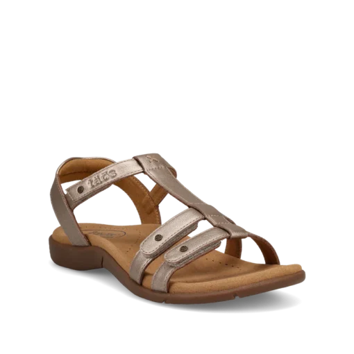 Taos Women's Trophy 2 Sandal featuring premium leather upper, adjustable hook-and-loop straps, contoured cork-latex footbed, and durable rubber outsole.