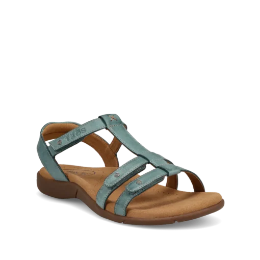 Taos Women's Trophy 2 Sandal featuring premium leather upper, adjustable hook-and-loop straps, contoured cork-latex footbed, and durable rubber outsole.