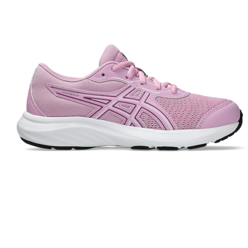 ASICS Kid’s Contend 9 GS sneaker with breathable mesh upper, Amplifoam™ cushioning, durable rubber outsole, and reinforced overlays for support.