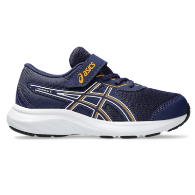 ASICS Kid’s Contend 9 PS sneaker with breathable mesh upper, Amplifoam™ cushioning, durable rubber outsole, and easy hook-and-loop strap for preschoolers.