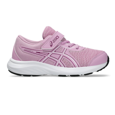 ASICS Kid’s Contend 9 PS sneaker with breathable mesh upper, Amplifoam™ cushioning, durable rubber outsole, and easy hook-and-loop strap for preschoolers.