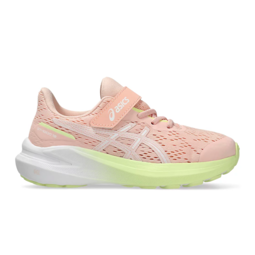 ASICS Kid's GT-1000 13 PS sneaker with breathable mesh upper, GEL cushioning, EVA midsole, LITETRUSS stability, and hook-and-loop closure for easy wear.