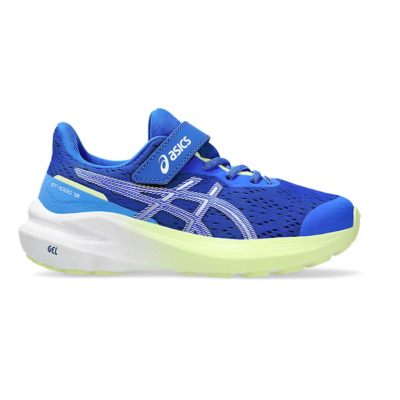 ASICS Kid's GT-1000 13 PS sneaker with breathable mesh upper, GEL cushioning, EVA midsole, LITETRUSS stability, and hook-and-loop closure for easy wear.