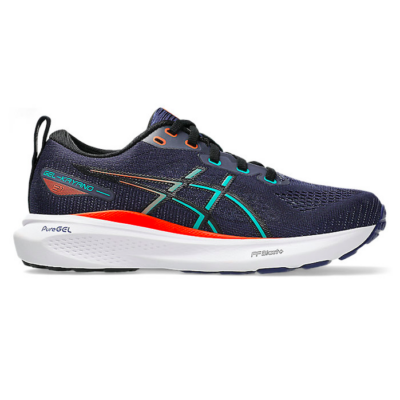 Asics Kid’s Gel-Kayano 31 GS Running Shoe in Blue with White and Red Accents, Featuring Breathable Mesh Upper and Durable Outsole