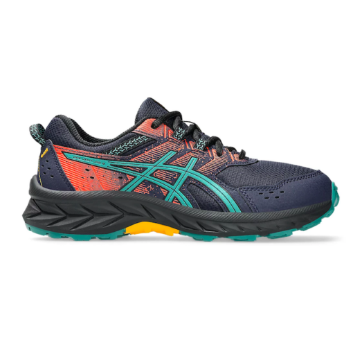 ASICS Kid's GEL-Venture 9 GS sneaker with breathable mesh upper, GEL cushioning, EVA midsole, reinforced overlays, and a rugged trail-inspired outsole.