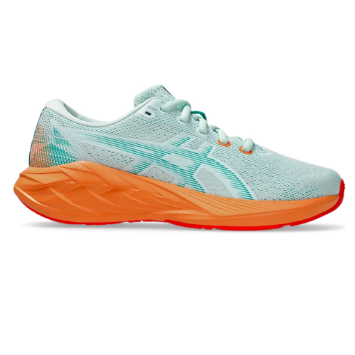 ASICS Kid's Novablast 5 GS sneaker with breathable mesh upper, FF BLAST™ cushioning, AHAR® rubber outsole, and padded collar for all-day comfort.