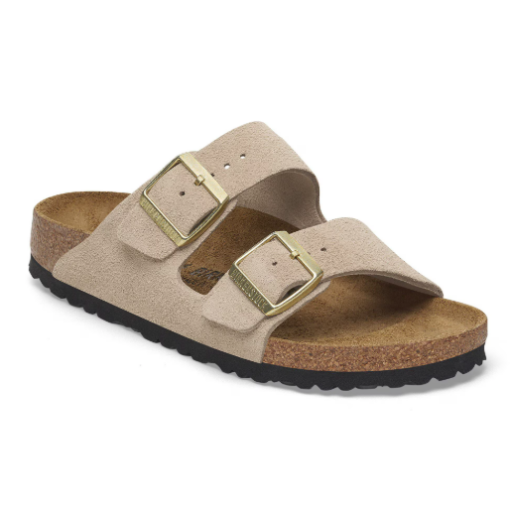 Birkenstock Arizona Sandal with suede leather upper, adjustable straps, contoured cork-latex footbed, and lightweight EVA outsole for comfort and durability.