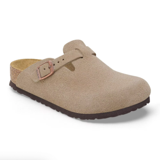 Birkenstock Kid’s Boston clog with a soft suede leather upper, an adjustable buckle, a contoured cork-latex footbed, and a flexible EVA outsole.