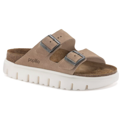 Birkenstock Women's Arizona Chunky Sandal with suede leather upper, dual adjustable straps, contoured cork-latex footbed, and chunky platform EVA outsole.