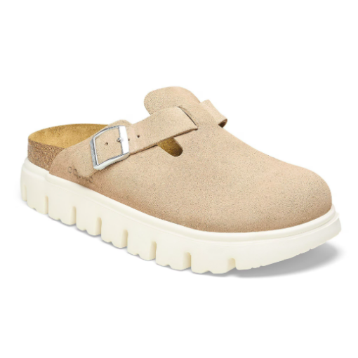 Birkenstock Women's Boston Chunky clog with a suede leather upper, adjustable buckle, contoured cork-latex footbed, and a thick EVA platform sole.