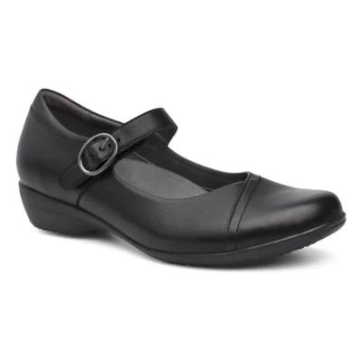 Dansko Women's Fawna shoe featuring premium leather, adjustable strap, arch support footbed, slip-resistant outsole, and all-day comfort design.