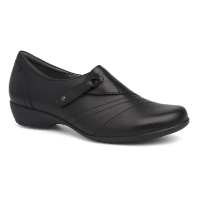 Dansko Women's Franny shoe featuring premium leather, adjustable strap, arch support footbed, slip-resistant rubber outsole, and all-day comfort design.