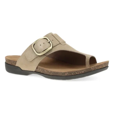 Dansko Women's Rylee Sandal in suede, featuring an adjustable hook-and-loop strap, cushioned EVA footbed, and a lightweight rubber outsole.