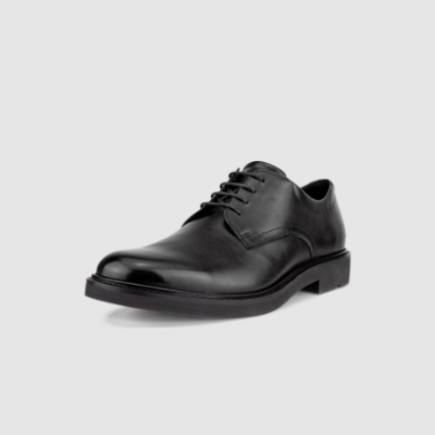 ECCO Men's Metropole London Leather Derby, crafted from premium full-grain leather, featuring FLUIDFORM™ comfort technology, a lace-up closure, and a durable rubber outsole.