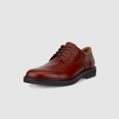 ECCO Men's Metropole London Leather Derby, crafted from premium full-grain leather, featuring FLUIDFORM™ comfort technology, a lace-up closure, and a durable rubber outsole.