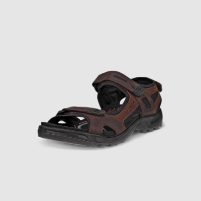 ECCO Men's Offroad Nubuck Outdoor Sandal with adjustable straps, cushioned EVA footbed, rugged rubber outsole, and RECEPTOR® Technology for stability.