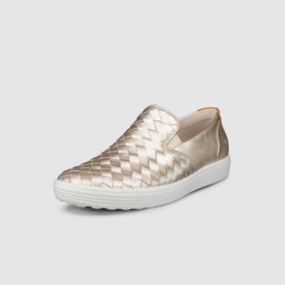 ECCO Women's Soft 7 Woven Leather Slip-On with premium woven leather, cushioned insole, breathable lining, and flexible outsole for stylish all-day comfort.