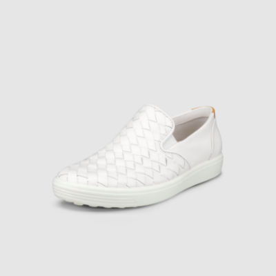 ECCO Women's Soft 7 Woven Leather Slip-On with premium woven leather, cushioned insole, breathable lining, and flexible outsole for stylish all-day comfort.