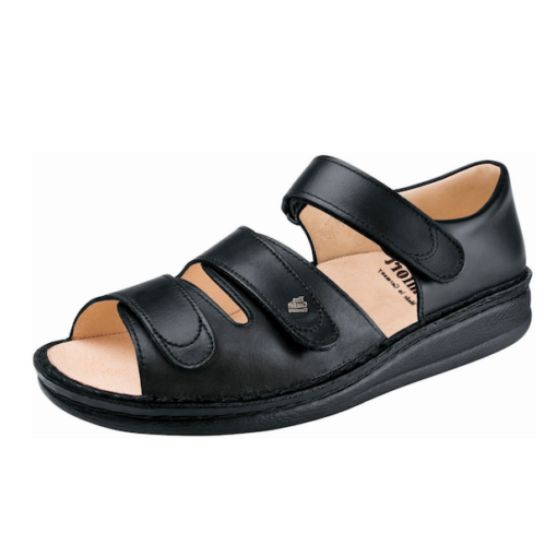 Finn Comfort Women's Baltrum Sandal with premium leather upper, three adjustable straps, removable orthopedic cork footbed, and shock-absorbing slip-resistant outsole.