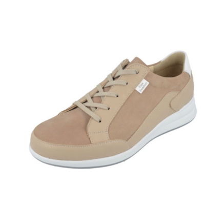 Finn Comfort Women's Prato Sneaker with a premium leather upper, lace-up closure, removable orthopedic cork footbed, and a slip-resistant shock-absorbing outsole.