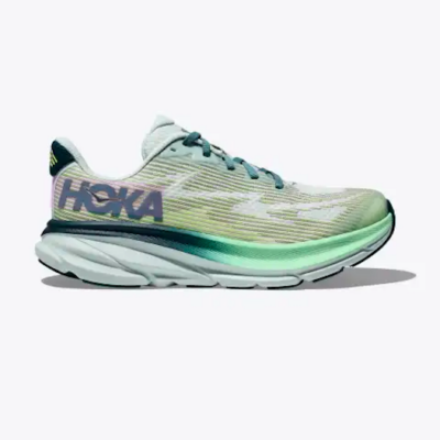 Hoka Kid's Clifton 9 running shoe with EVA foam cushioning, breathable mesh upper, padded collar, reinforced toe cap, and high-traction rubber outsole.