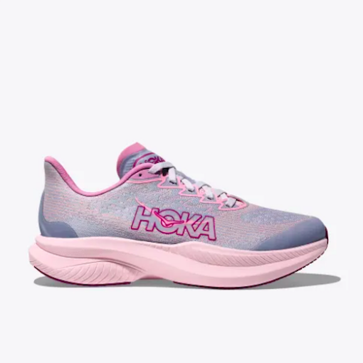 Hoka Kid’s Mach 6 running shoe in bright colors, featuring breathable mesh, PROFLY™+ cushioning, and a durable rubber outsole for superior traction and comfort.