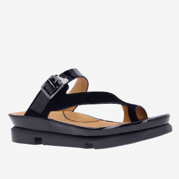 L'Amour Des Pieds Women's Alanza Sandal in black leather, featuring a cushioned footbed, arch support, adjustable ankle strap, and flexible sole for all-day comfort.