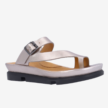 L'Amour Des Pieds Women's Alanza Sandal in black leather, featuring a cushioned footbed, arch support, adjustable ankle strap, and flexible sole for all-day comfort.