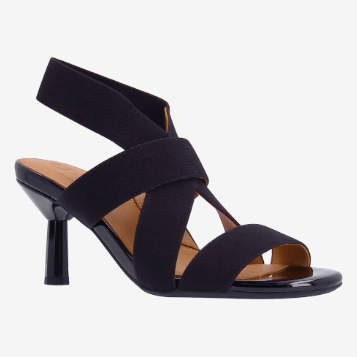 L'Amour Des Pieds Women's Lunette Sandal in black leather, featuring a cushioned footbed, arch support, an elasticized slingback, and a flexible sole for comfort.